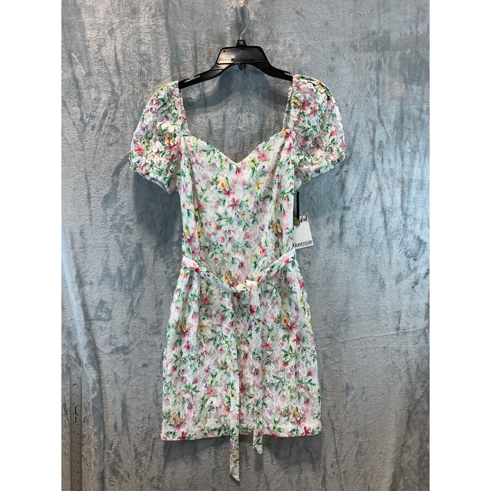 Kensie Women White Floral Lace Puff Sleeve Mini Dress Sweetheart Neck 10 NWT